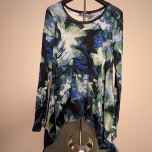 Vera Wang Abstract Floral Long Sleeve Top - Blue and Green Sharkbite Hem